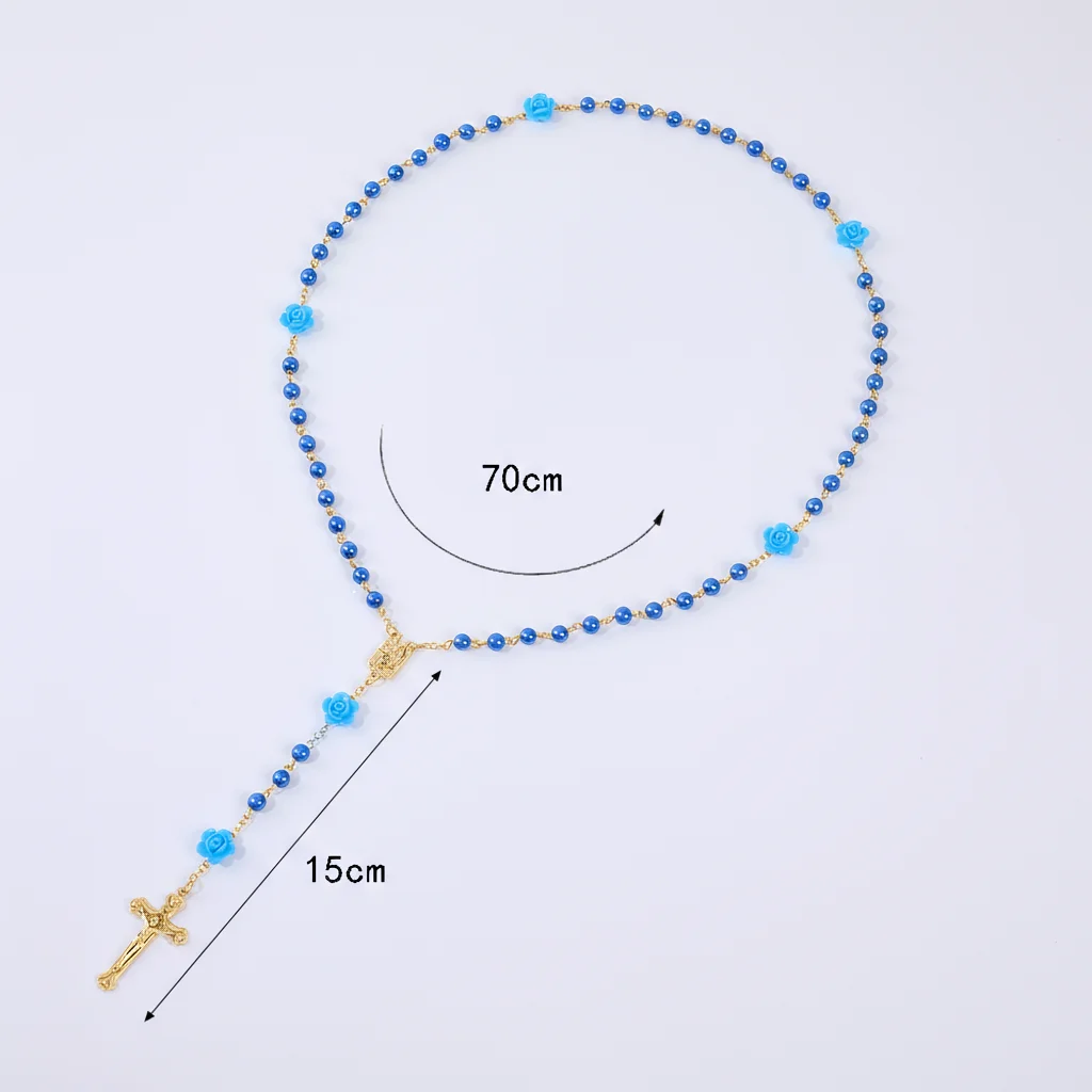 Religiöse Rosenkranz-Halskette für Damen, Kreuz-Anhänger, 6 mm lange Glasperlen, Rosenkette, Choker, weiblicher Gebets-Schmuck, Geschenk. – Detail 1