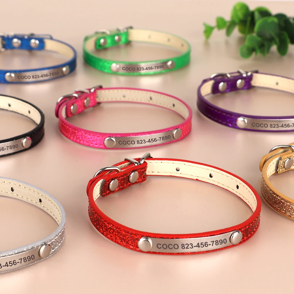 Collare per gatti personalizzato Collari per gatti in pelle scintillante Collana per cuccioli di cani di piccola taglia con gattino intagliato