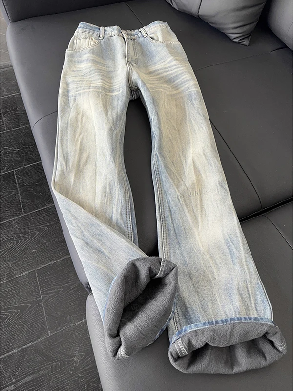 

Мужские джинсы Slim Fit со средней посадкой, утепленные флисом, в американском стиле, повседневные, длинные брюки, зимние, теплые, из хлопкового денима