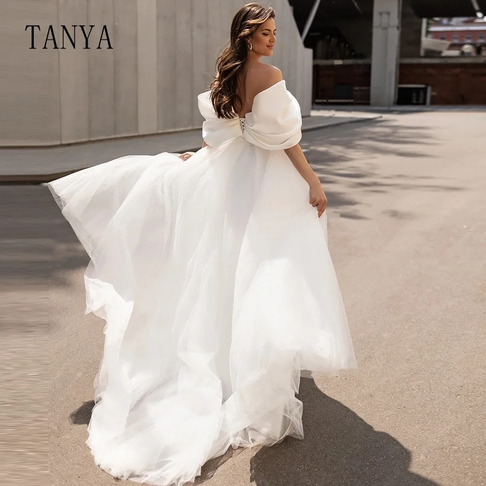 Sweetheart Satin Wedding Dress For Women Off The Shoulder A Line High Split Lace Up Back Sweep Train Boho Bridal Gown TSWD220