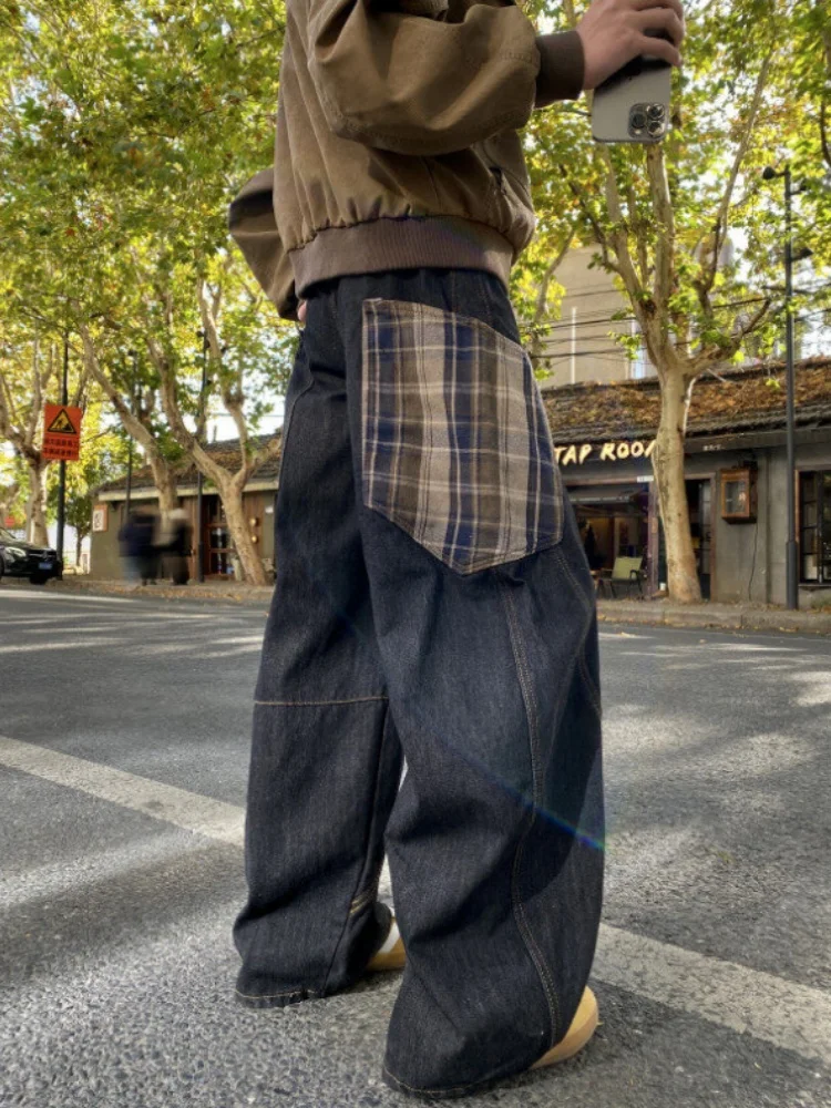 

Cleanfit American Sle Men's Jeans Spring Autumn Straight Leg Wide Leg Knife Design Sense Plaid Splicing Long Pants