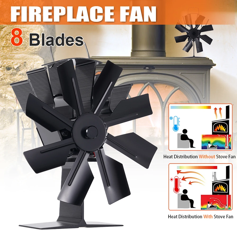 Wentylator kominkowy z 8 łopatkami, akcesoria do pieca na drewno, cichy, energooszczędny, z wysokim wydajnością rozpraszania ciepła, do użytku wewnątrz, na zimę, na zewnątrz, na kemping.