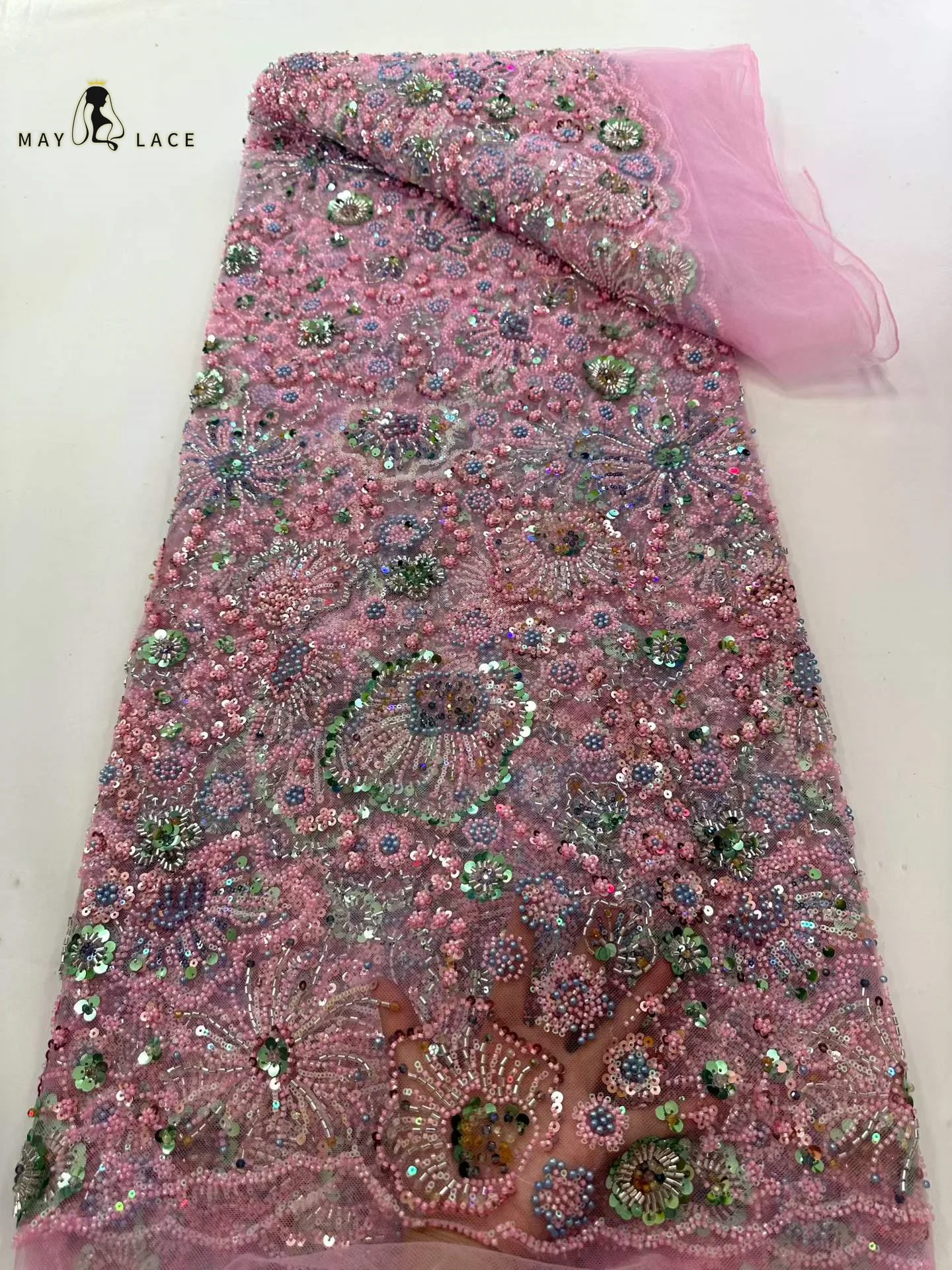

Luxurious Nigerian African Beaded Lace Fabric 2026High Quality Sequins Embroidery African French Lace Fabric For Sewing 5 Yards