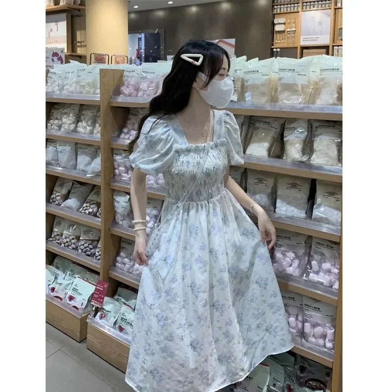 

Summer New Robe Women Fashion Loose Square Neck Bubble Sleeve Dress Y2k Korean Elastic Waist Fragmented Flower Slim Long Dresses