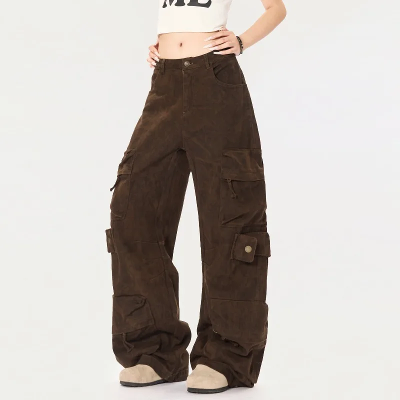 OR FL Aging 100 Cotton Women Cargo Trousers American Street Trendy Brand Slacks Women's Baggy Wide Leg Pants Waste Soil Y2k