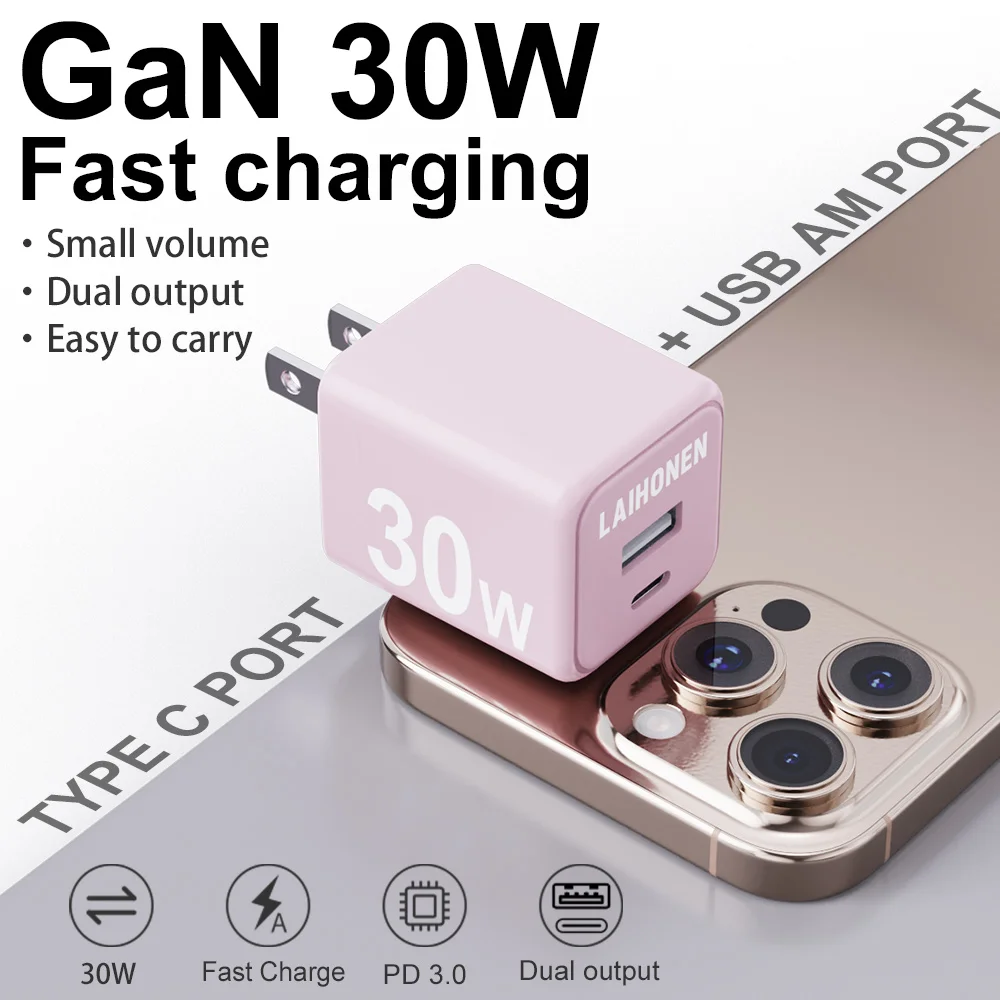 30W USB C Wall Charger Dual Port with USB A, Macaron Fast Charging Adapter, US Plug for iPhone 16/15, Samsung Galaxy, Android