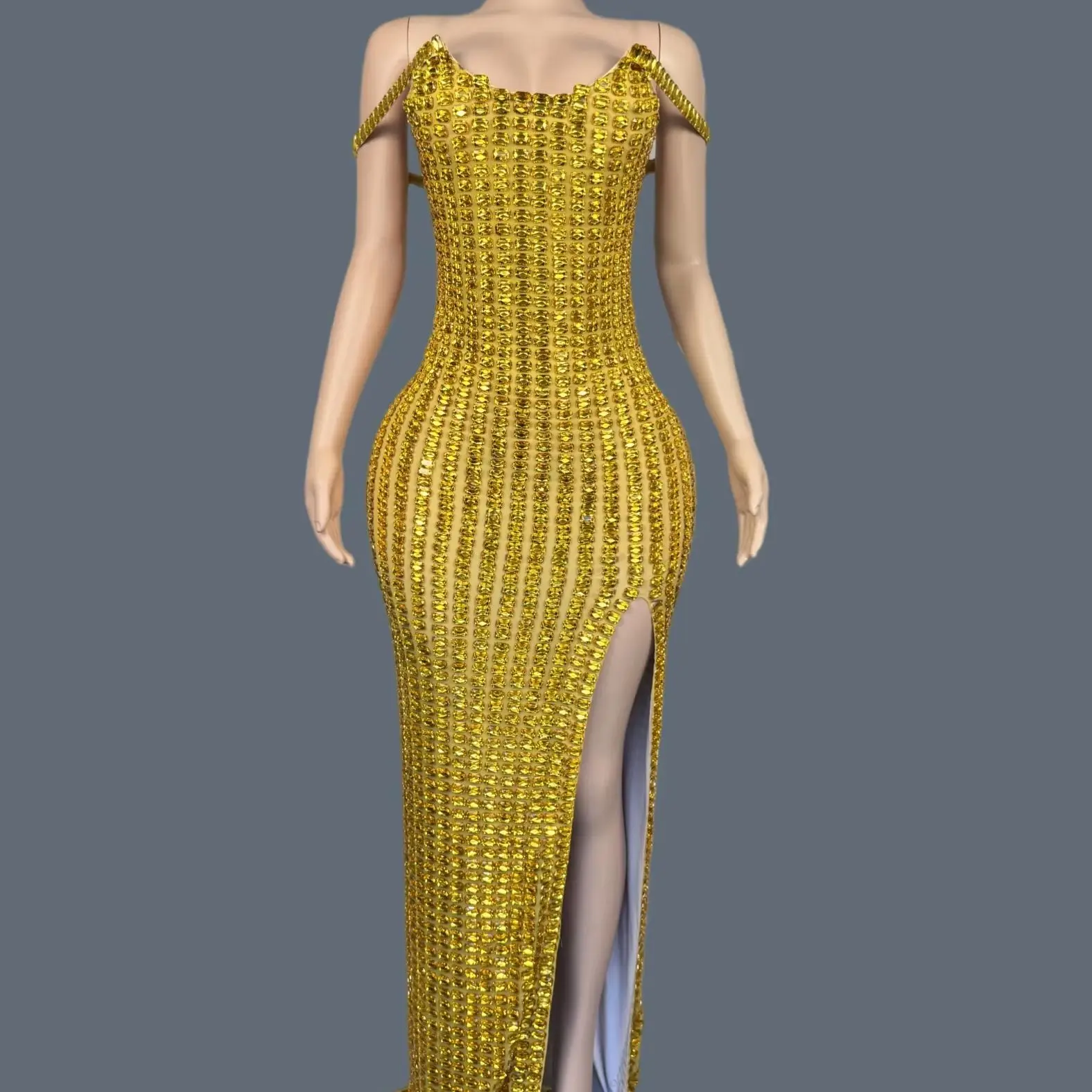 

Sparkly Golden Full Crystals Luxury Couture Birthday Celebrate Party Gala Sexy High-end Women Evening Dress Spandex Gown kaijia