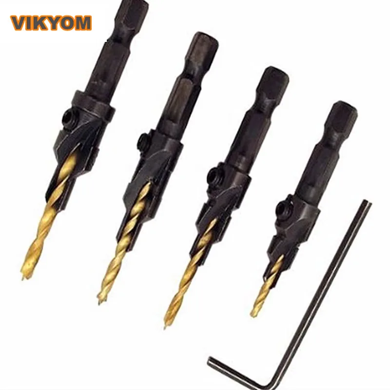 Woodworking Hole Opener 4-piece Set Titanium-plated Hexagonal Handle Hardware Tool Countersunk Drill Bit Drilling And Reaming