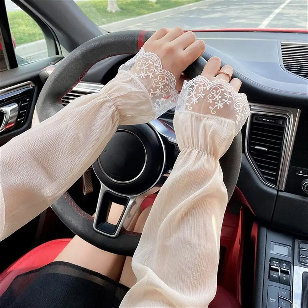 Pelindung Lengan Trendy Berbahan Poliester dengan Renda, Tanpa Jari, Panjang, Bernapas, untuk Musim Panas, Cocok untuk Mengemudi