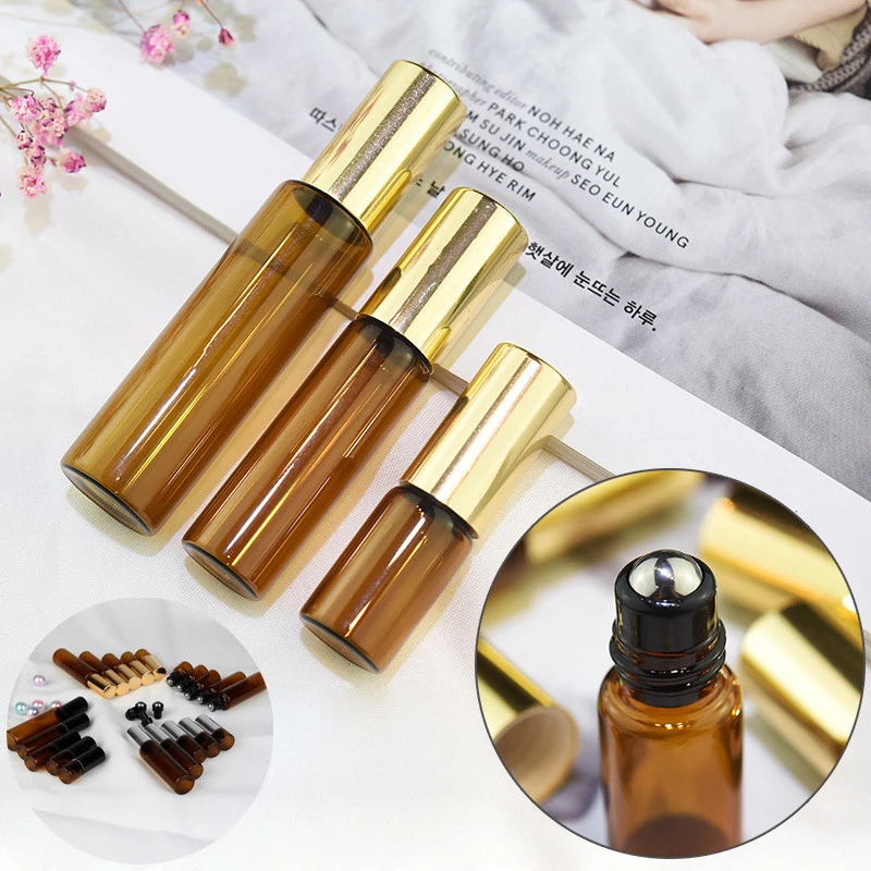 10Pcs 1/2/3/5/10ml Amber Glass Roller Balls Bottle Roll on Vials Roller Containers for Aromatherapy Essential Oil Perfume