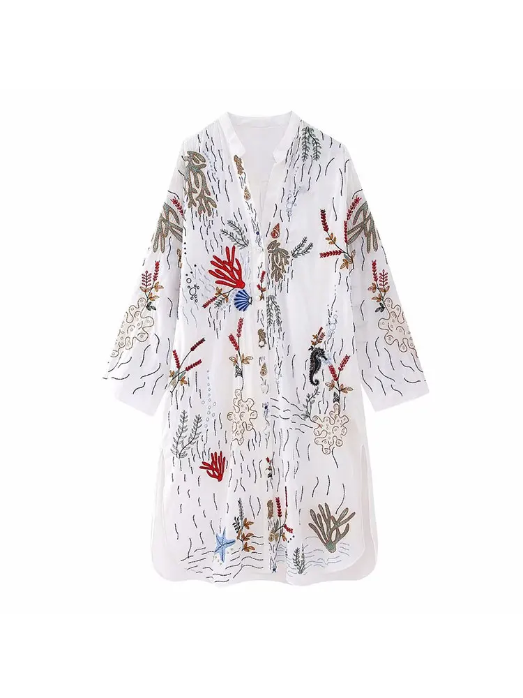 Tinsonan V-Neck Single Breasted Long Embroidery Blouse Casual Long Sleeves Side Slit Loose Women Shirt