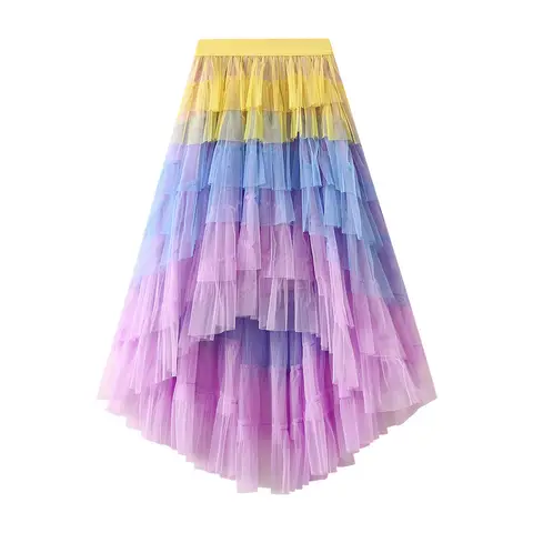 Irregular Mesh Cake Skirts High Waist Gradient Rainbow Tulle Long Skirt New Beautiful High Waist Maxi Tiered Tutu Jupe Faldas