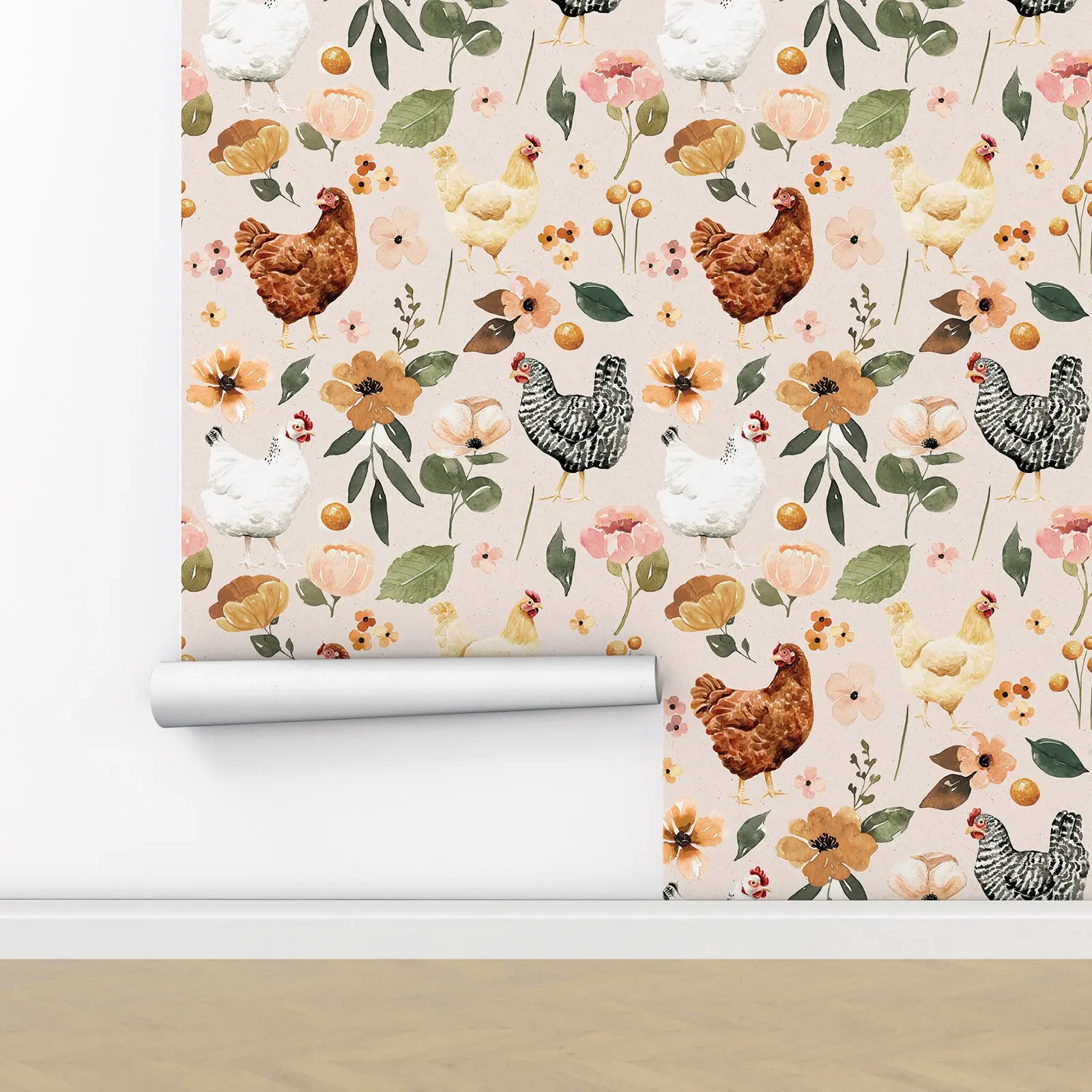 Papier peint floral jetable d'interconnexion de ferme, papier peint peler et coller, PerfecWallpaper, Poules et poulets peints