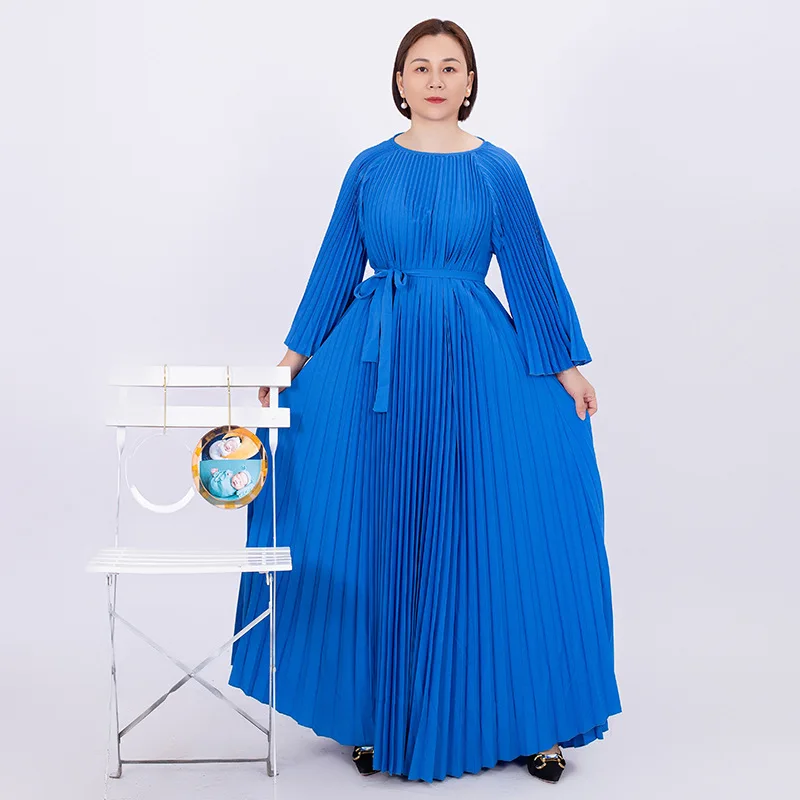 

Ansman Pleated lace-up Loose women's dress Flared sleeve crew neck solid color loose 2023 summer new women's dress