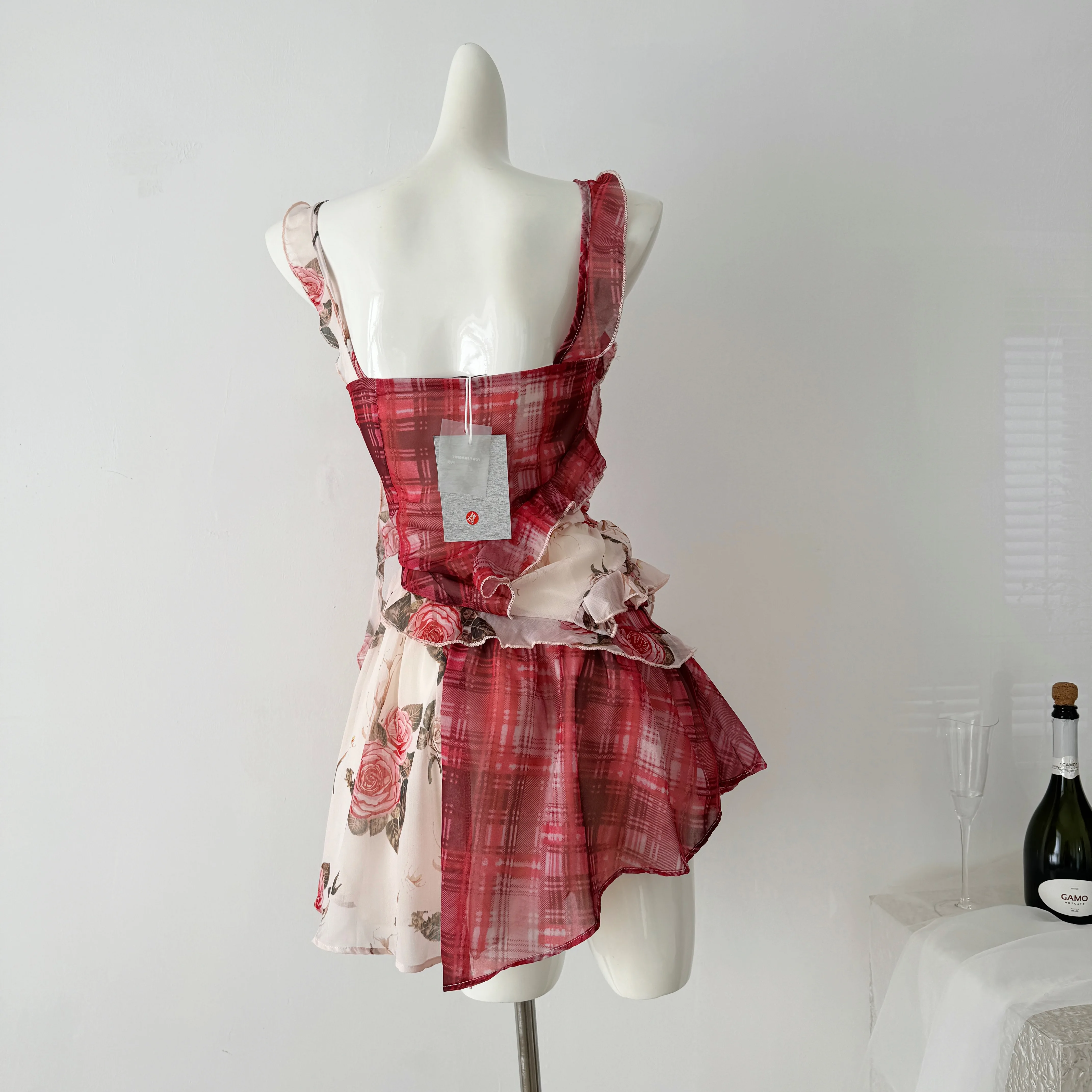 Summer French Vintage Party Elegant Floral Mini Plaid Dress 2000s Aesthetic Women Boho Style Frock Evening One-Piece Ballet Core