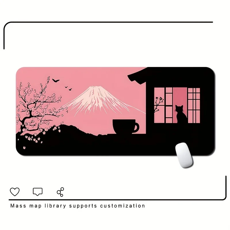 Tappetino per mouse con design Mount Fuji e fiori di ciliegio da 1 pezzo - Base in gomma antiscivolo, bordi cuciti, tessuto a maglia, gomma naturale resistente