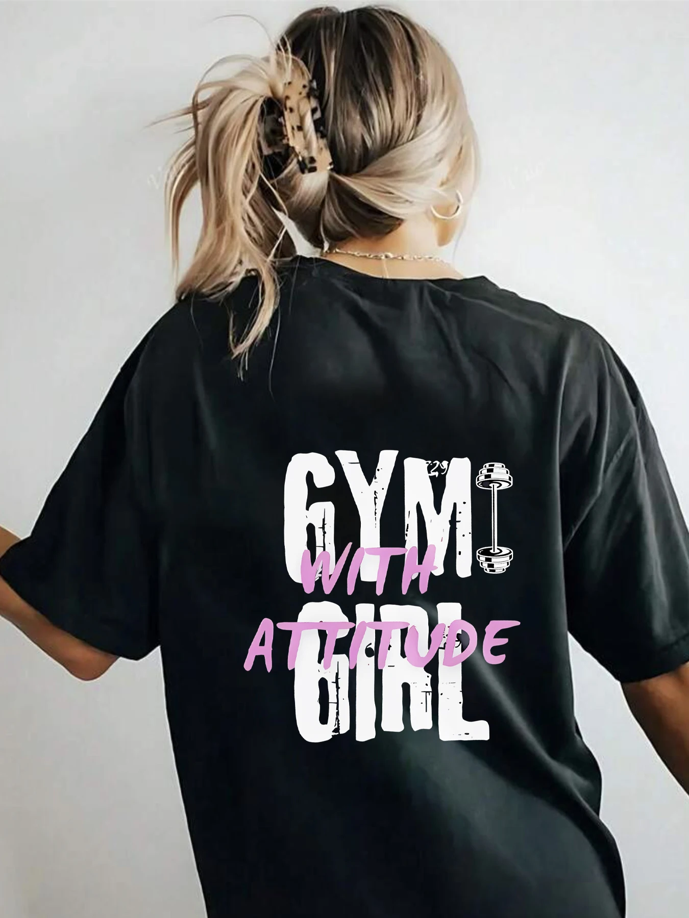 

Dumbbell Plus size women's round neck short sleeve T-shirt with elastic half sleeves and trendy prints