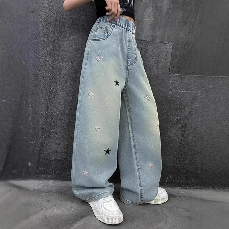 OLEKID Juniors Girl Jeans 4-12Y Children Girl Jeans Star Knotbow Embroidery Little Girls Denim Wide-leg Pant Kid Girl Denim Pant