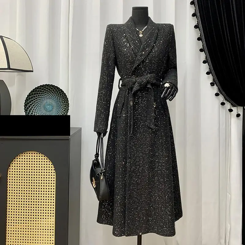 Elegant Oversized Sequin Coat with Waist-Cinching Design And Gentle Wide Hemline Korean Style Slim Fit Thickened Polyester Fiber