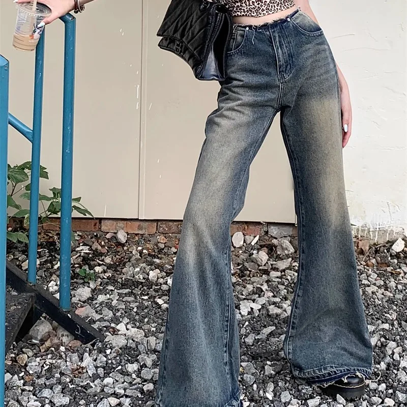 Retro Damen Frühling und Herbst gespleißt hohe Taille Knopf Reiß verschluss Tasche modische lose drapieren weites Bein zerlumpte Kante Jeans