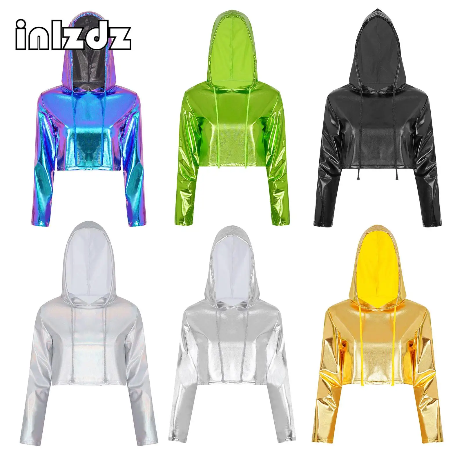 Womens Clubwear Long Sleeve Hooded Crop Top Dance Performance Clothes Metallic Fashion Drawstring Rave Party Music Stage Costume