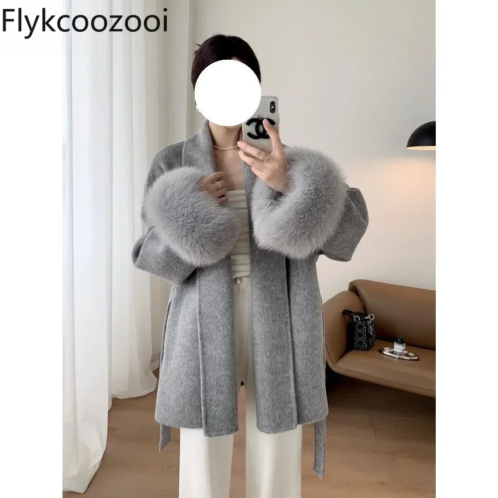 Autumn and Winter New Korean Version of Solid Color Fashion Strap Waist Woolen Loose Cloak Coat Casual Fashion Tweed Jacket