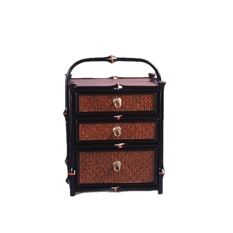 Retro bamboo woven basket portable tea set storage cabinet, bamboo furniture, small shelf with drawers, bamboo shelf