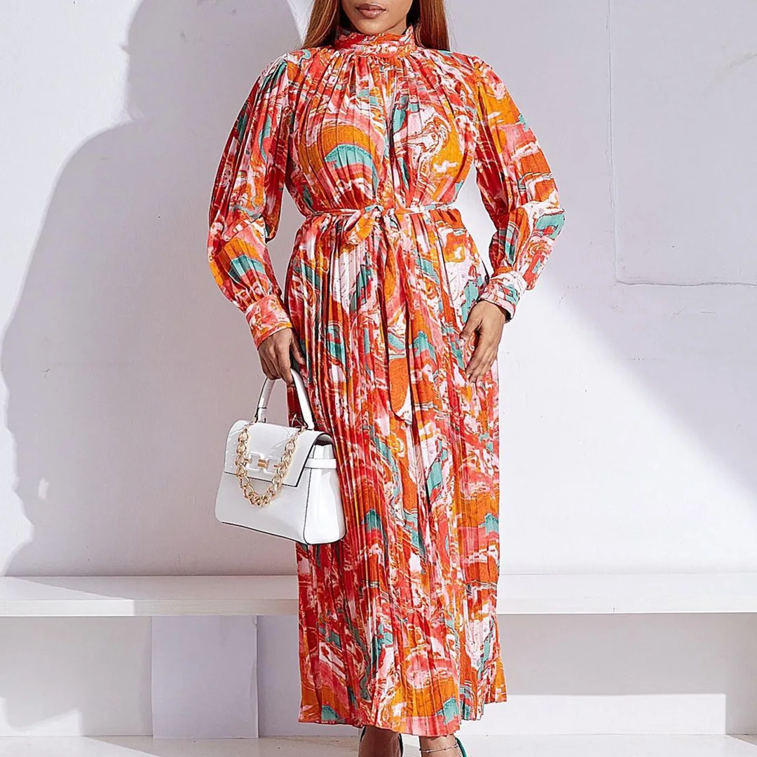 

C8501 Plus Size Women's Clothing 2026 Fall/winter New Long Sleeve Printed Pleated Tie High Neck Dress Robe Vestidos Elegant