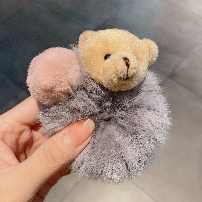 Korea Cute Plush Bear Hair Scrunchies Ties Winter Cartoon Pompom Bear Hair Bands Women Girls Hair Accessories Plush Hair Ring