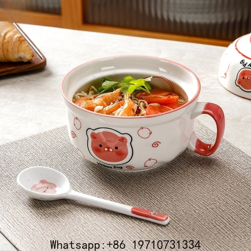 

Cute Ceramic Instant Noodle Bowl with Lid and Handle