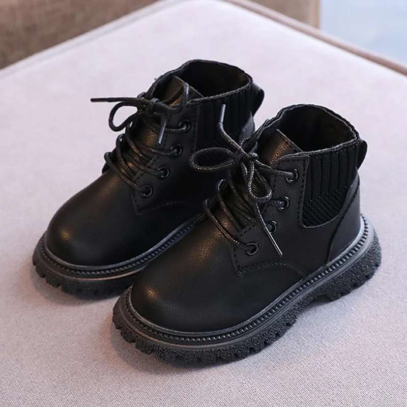 Children's Soft-Soled Non-Slip Zipper Boots Boys Girls Leather Waterproof Splicing Socks Short Boots 2-10 Years Old Shoes