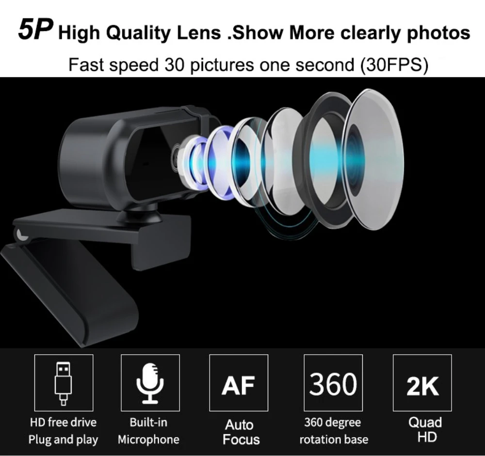 Kamera internetowa 4K 2K z autofokusem i mikrofonem, 30fps Full HD dla graczy, do wideorozmów na żywo, spotkań online, bez sterowników, USB, z osłoną prywatności. — zdjęcie produktu 3