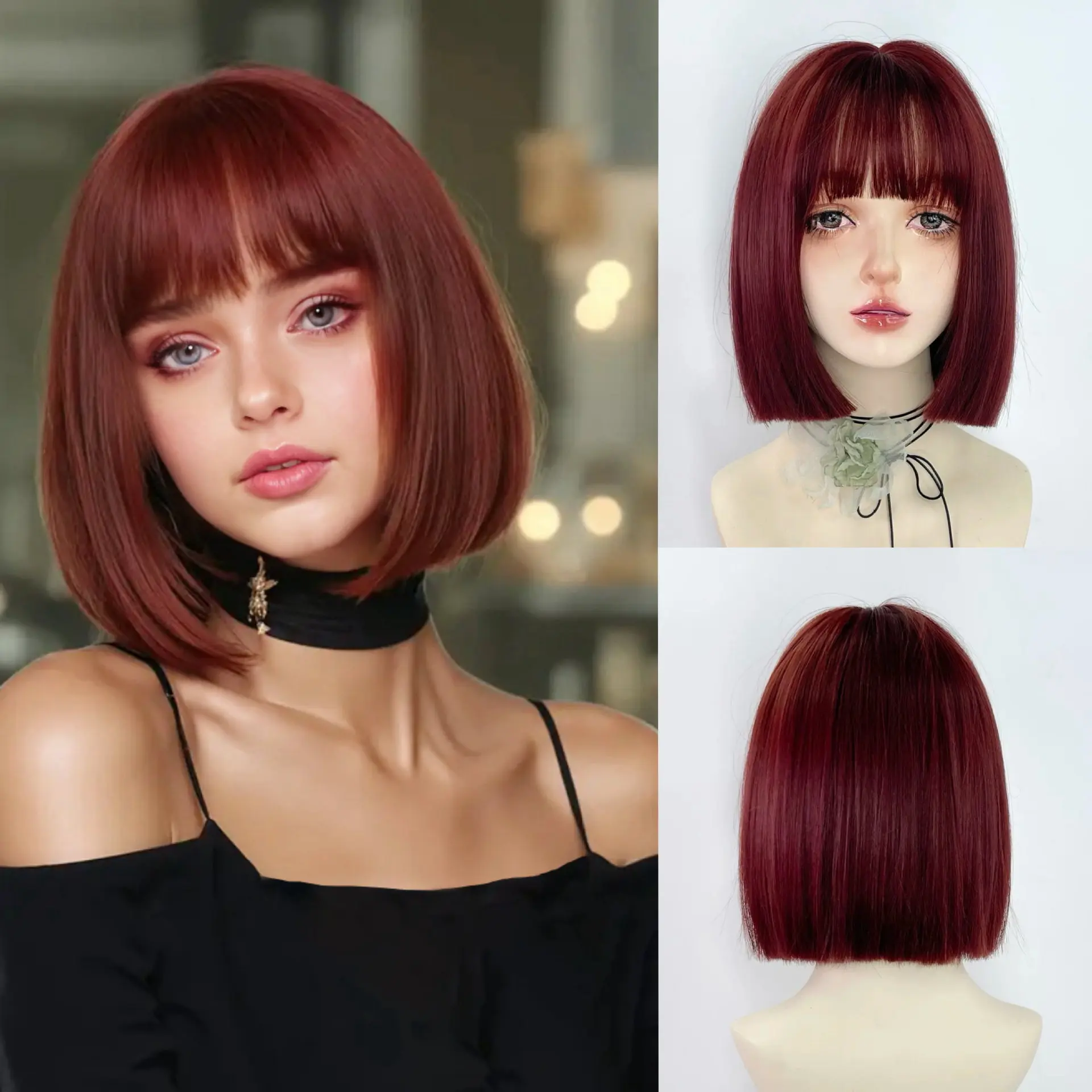 

Wig Women's Fashion Burgundy Qi Bangs Short Straight Hair BOBO Head Simulation Scalp Daily Foreign Style Full Head Wig