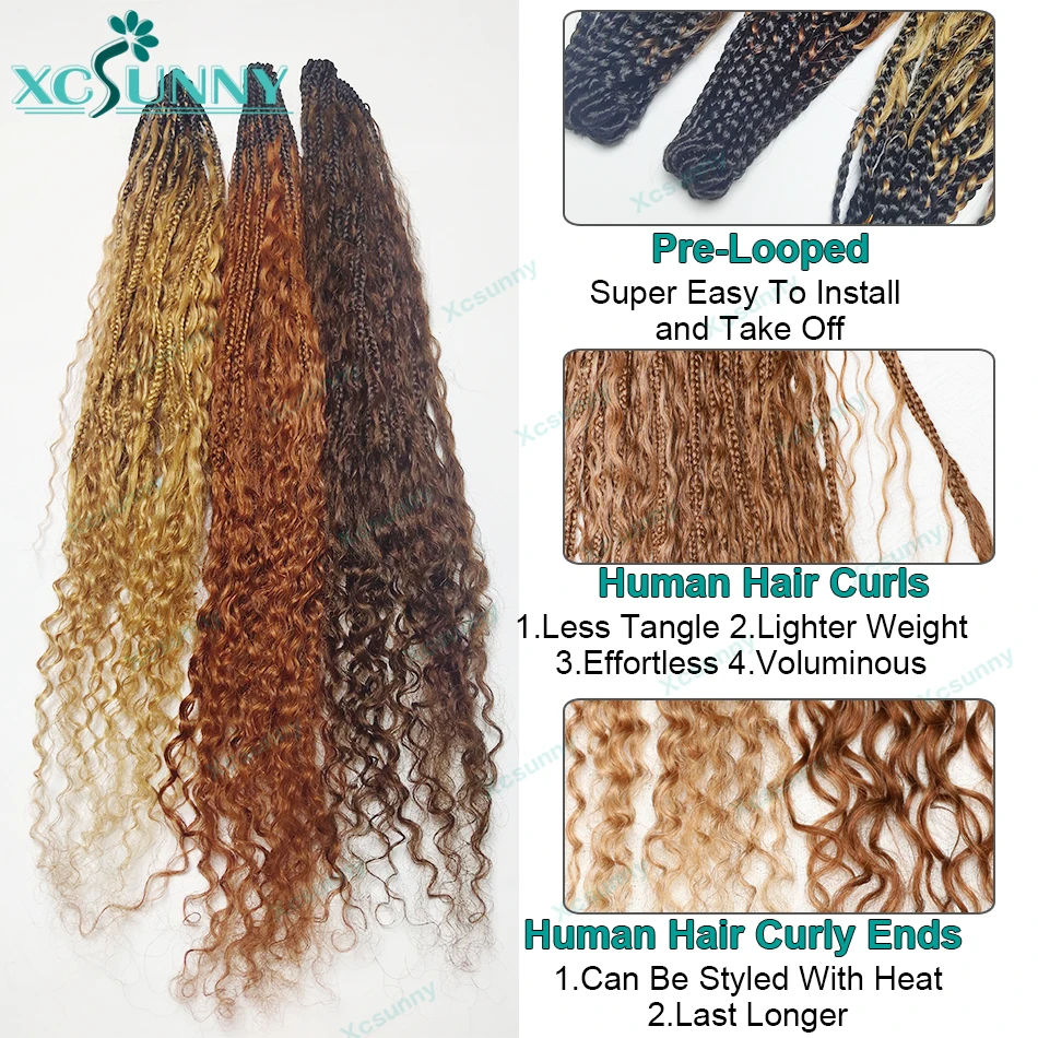 Ombre Crochet Boho kotak kepang dengan rambut manusia keriting pra lingkaran 1b 30 gelombang dalam kotak Crochet kepang rambut manusia dengan akhir keriting