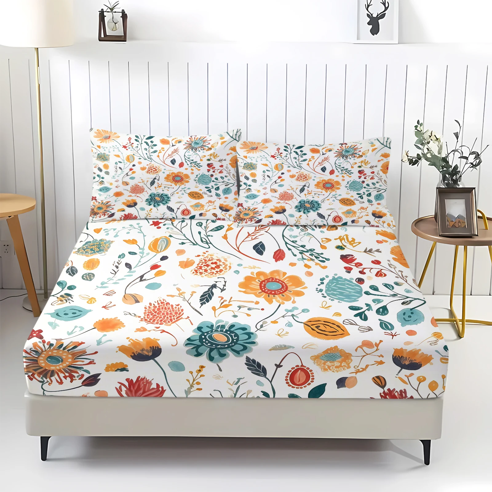 Boho Watercolor Floral Fitted Sheet 3‑Piece Set Elastic Deep Pocket Mattress Protector Cover With Pillowcases Vintage Flower Bed