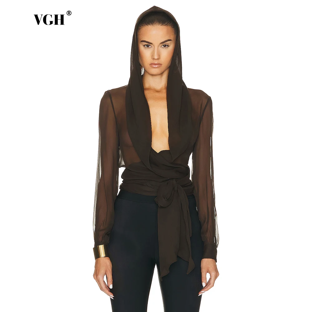 

VGH Chic Coffee Sheer Fabric Blouse for Women Hooded Design Long Sleeve Slimming Drapped Cross Strap Accent for Fashion Event