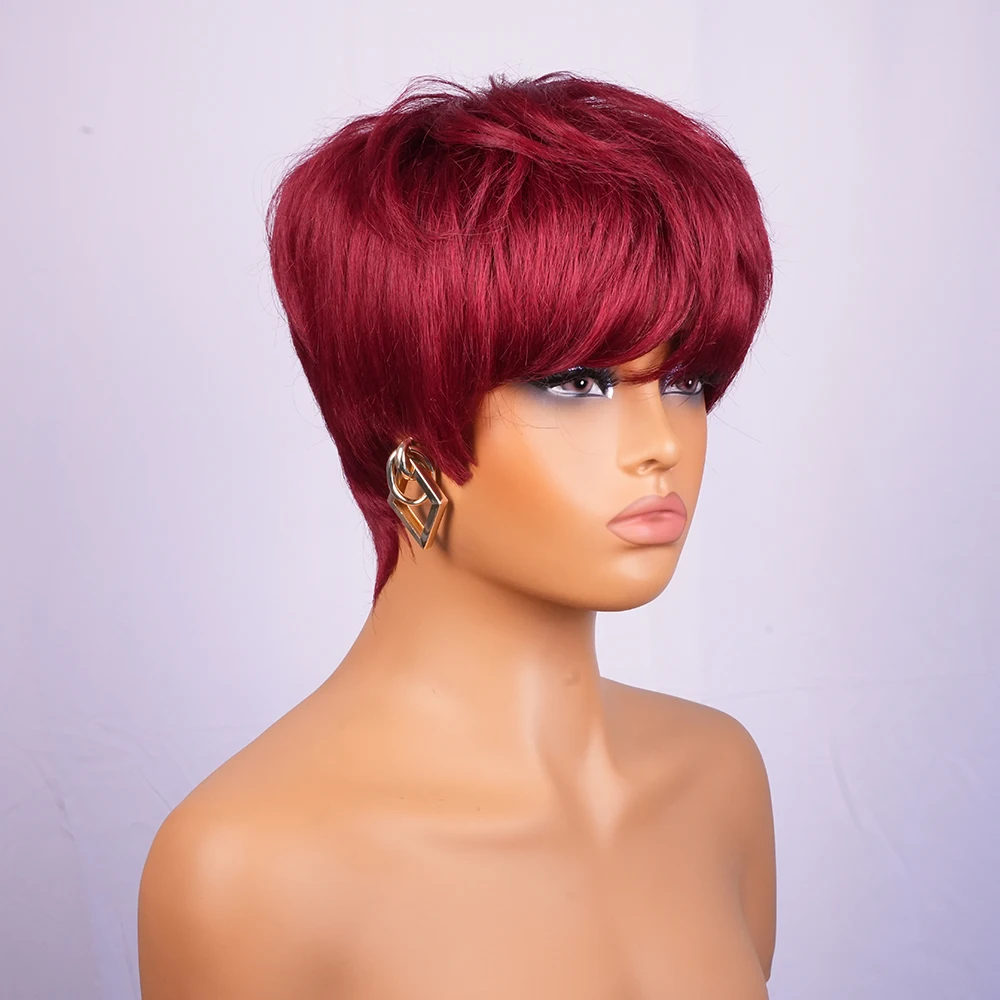 Pixie Cut Wig Short Layered Burgundy Human Hair Wigs With Bangs Full Machine-Made For Natural Look Casual Wig