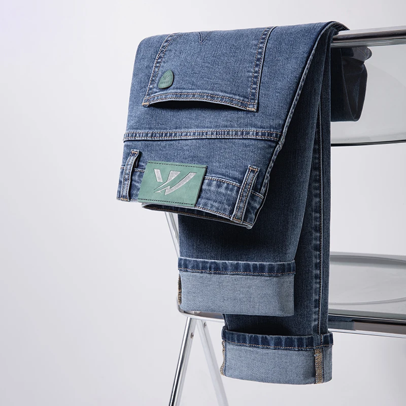 2026 Men's Autumn Brand New Denim Jeans Vintage Midweight Fit Straight Cotton Stretch Classic Badge Pocket Trousers