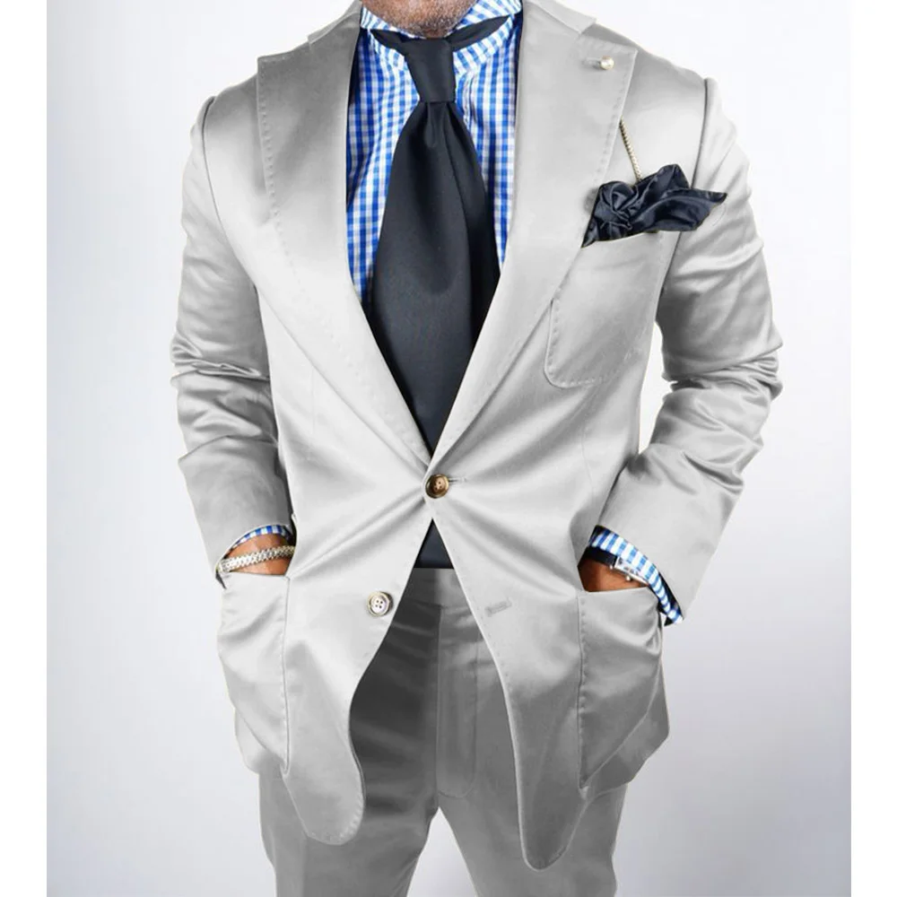 Men's Satin Suit Two-piece Set Flat Collar Single-breasted Casual Suit Suit Comfortable and Fashionable Commuting Suit Man Suits