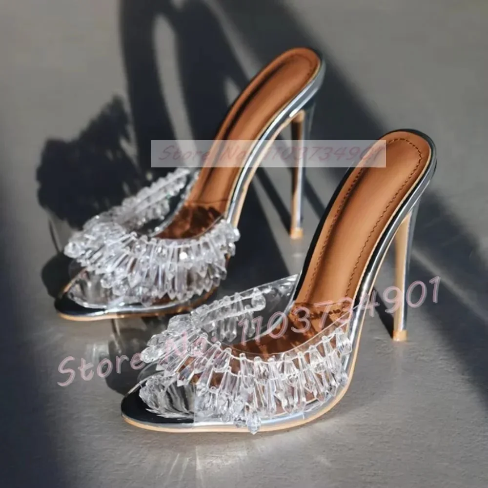 

Clear Crystals Peep Toe Stiletto Slippers Women Luxury Silver Round Toe PVC High Heels Slides Female Sexy Outside Party Slippers