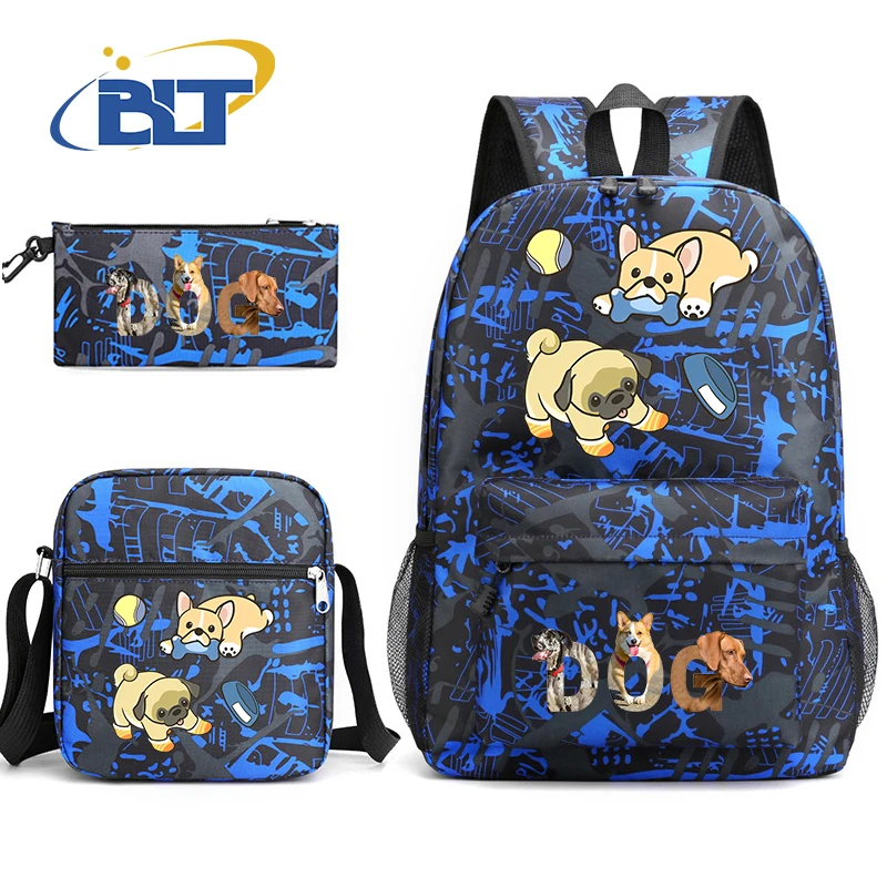 Ransel anak motif kartun anjing lucu set tas sekolah pelajar tas bahu kotak pensil 3 potong set kembali ke hadiah sekolah