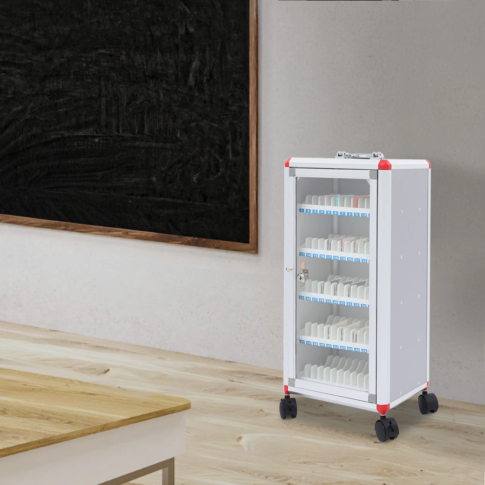 

27*20.5*56.5cm Phone Storage Cabinet Silver&White Cell Phone Storage Box Portable Phone Storage Cabinet with Handle