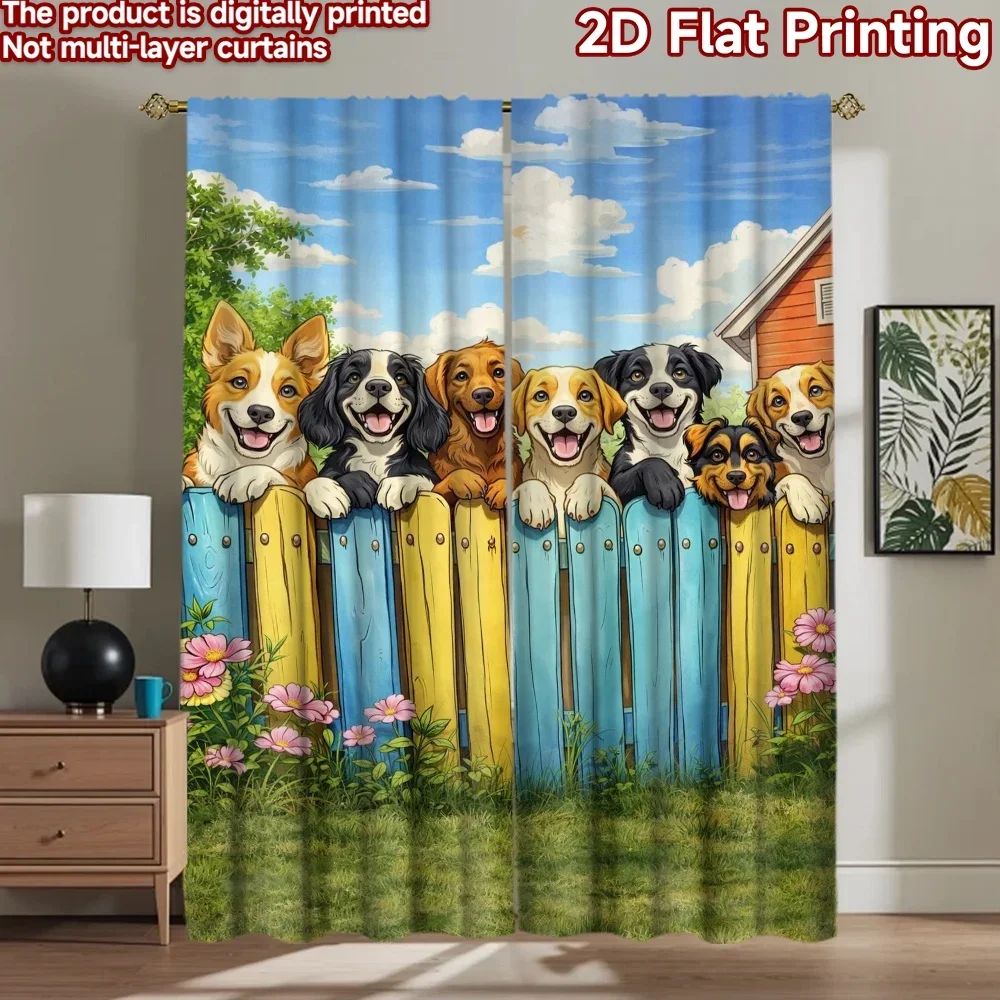 Cute Cartoon Dog Family Picket Fence Curtains Window Drapes Whimsical Animal Print Blinds for Living Room Bedroom Home Decor Dec