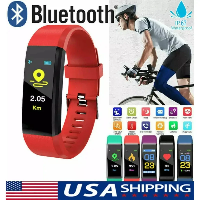 Relógio Inteligente 115Plus Sport: Monitor de Fitness à Prova d'Água para Homens/Mulheres, Monitor de Frequência Cardíaca e Pressão Arterial, Pulseira
