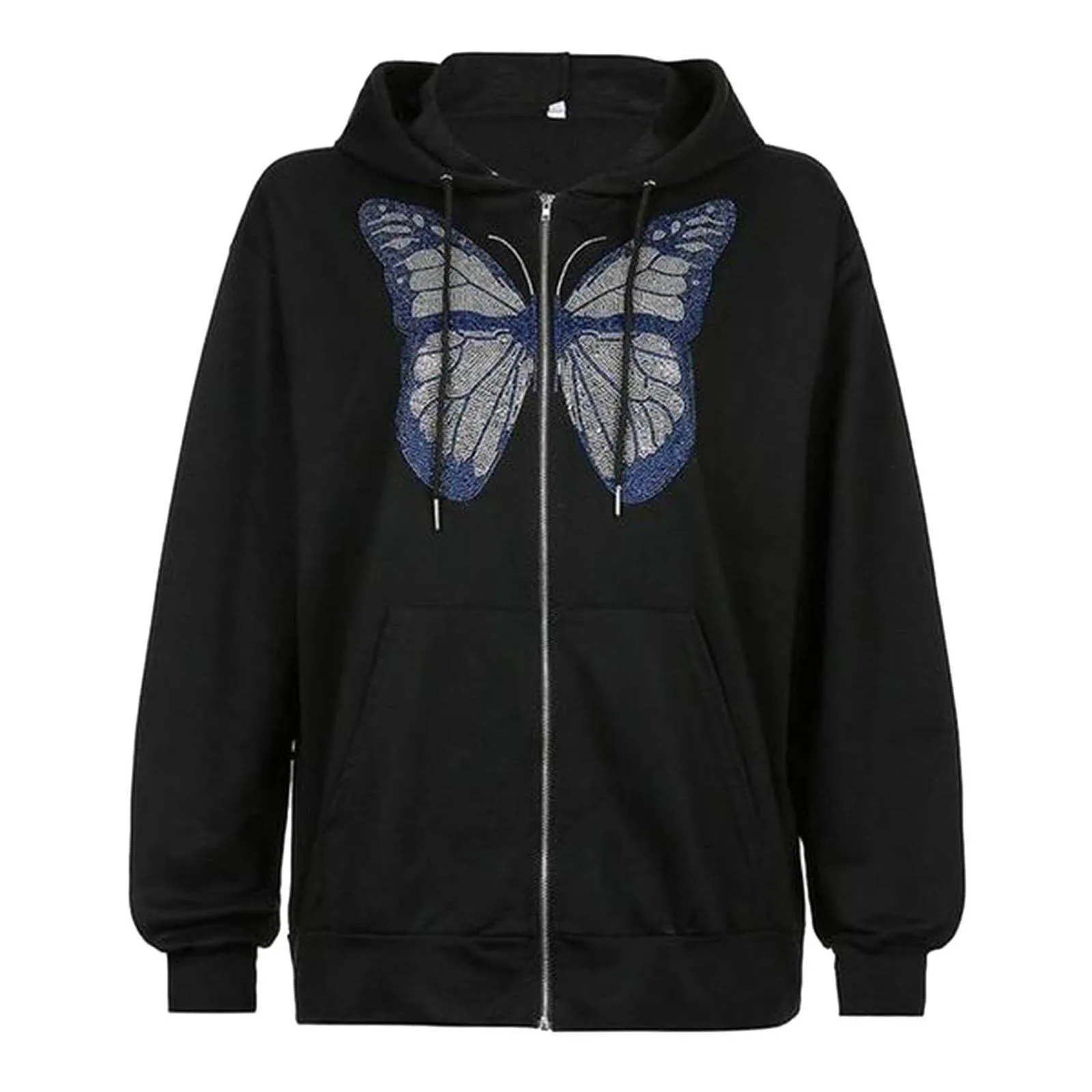 Rhinestone Crystal Butterfly Graphic Jackets Gothic Streetwear y2k Zipper Hoodies Coats Autumn Warm Long Sleeve Loose Outwears