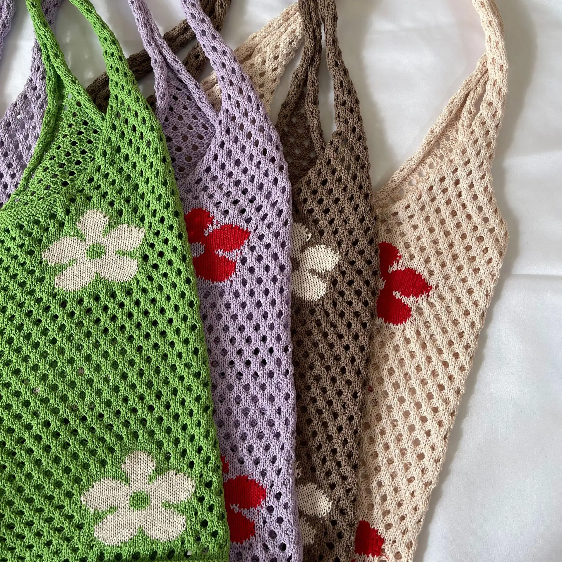 Saco De Crochê Colorido, Malha Coreana, Malha Artesanal, Reutilizável, Propósito Especial, Eco Bag, Estampas De Flores, Escavar, Tote De Compras, Y2K, Verão