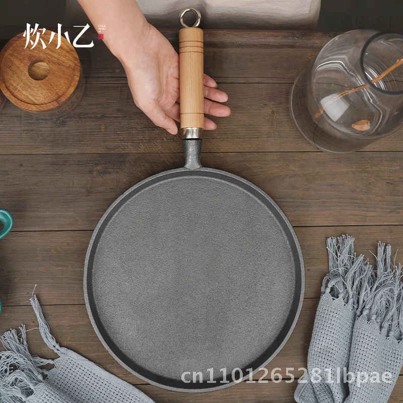 

Чугунная сковорода 26 см без покрытия с антипригарным покрытием, сковорода для пиццы с ручной грабиной головкой для газовой индукционной плиты, универсальная деревянная ручка