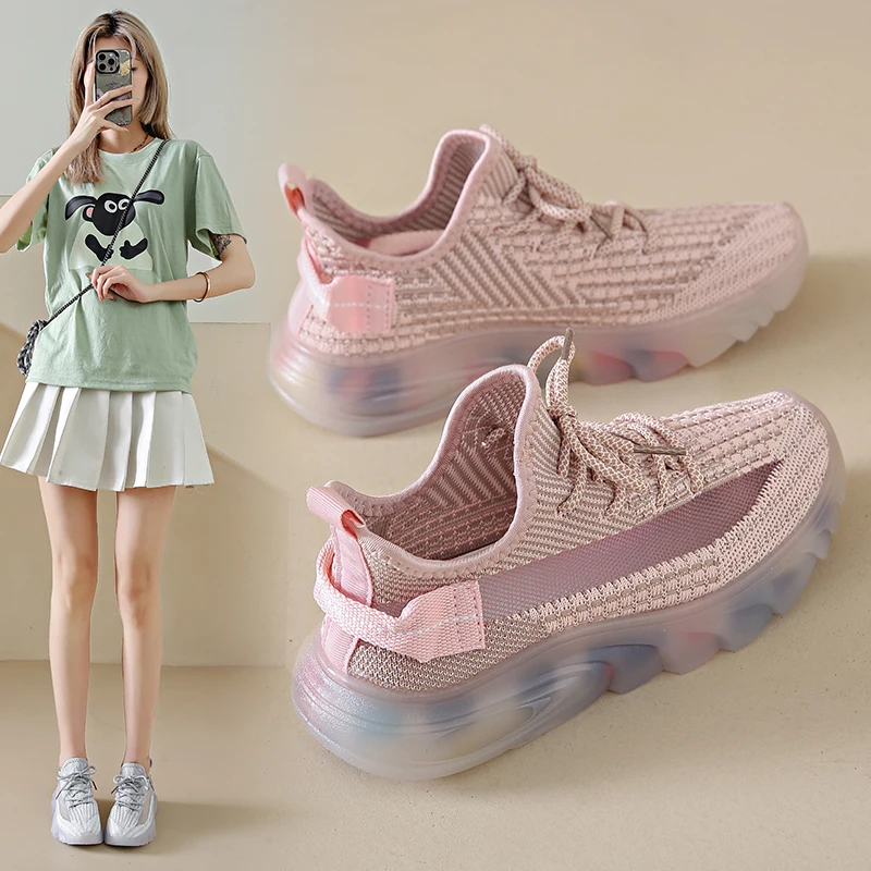 

Women Knit Platform Sneakers 4CM Thick Sole Breathable Mesh Comfortable Walking Shoes Non Slip Athletic Casual Footwear