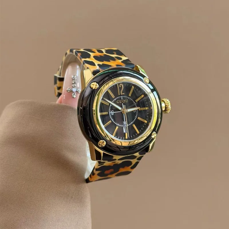 New Stylish LargeDial Women'S Watch With Leopard Print Silicone StrapLadies' Quartz Watch Luxury Women'S Watch Unique Wristwatch