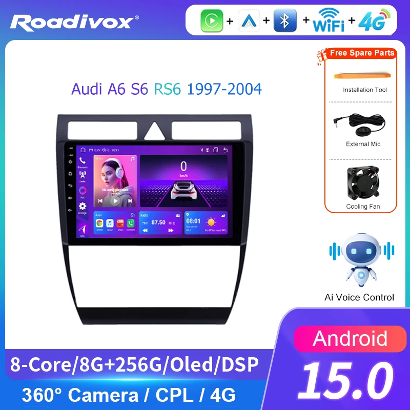 AI VOICE roadivox Android car radio for  Audi A6 S6 RS6 1997-2004 stereo GPS Navigation video Multimedia Player tape recorder